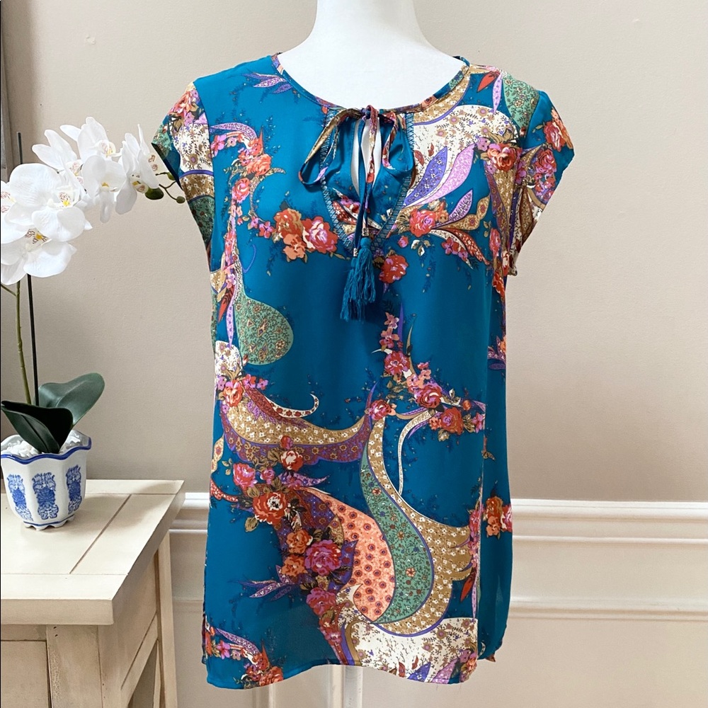 DR2 Floral Print Tie Front Capped Sleeve Boho Top M